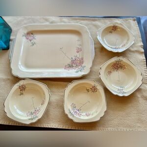 Vintage Art Deco Homer Laughlin “Briar Rose” 1930s Serving tray & 4 fruit bowls